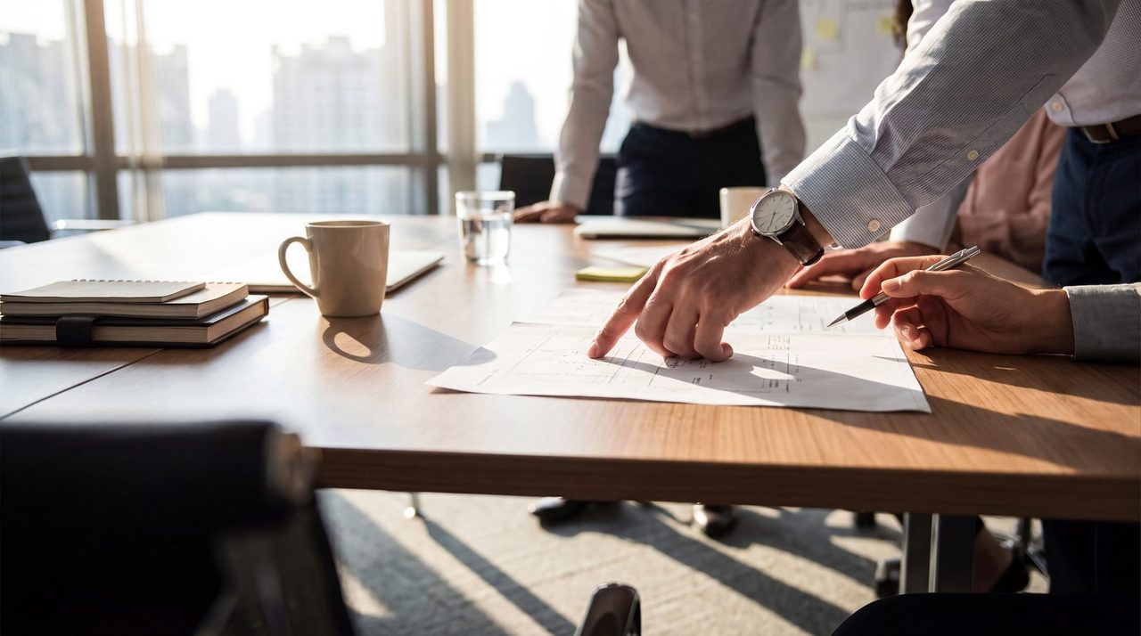 Two REVOL leaders reviewing an agent income projection at a conference table